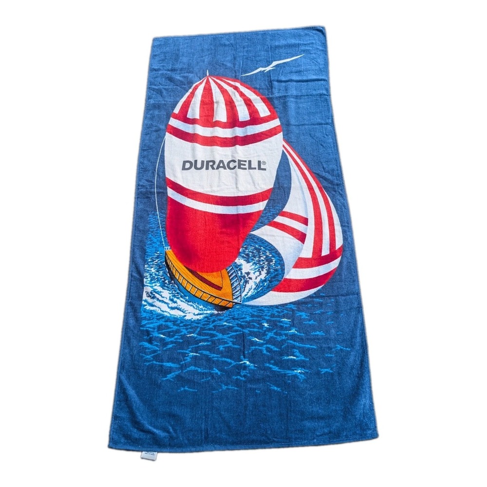 Vintage Duracell Battery Beach Bath Towel Sailboat Red White Blue 5'x28"